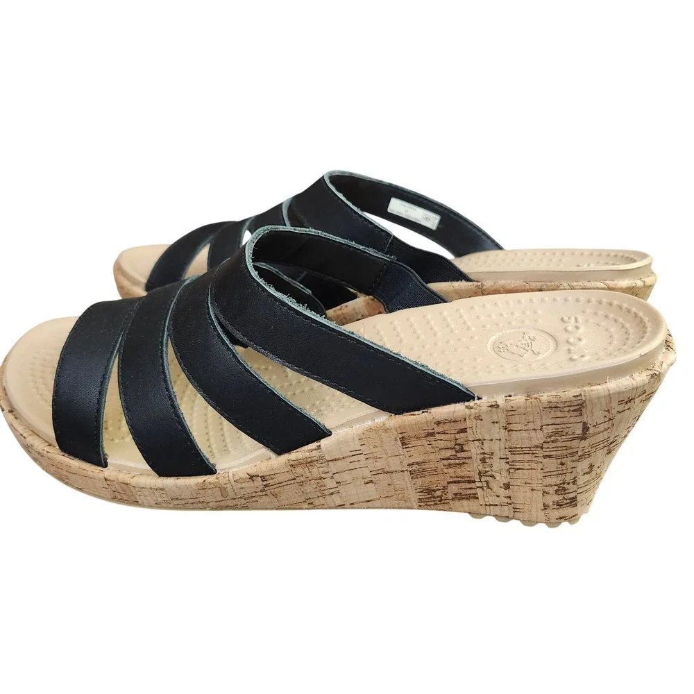 Crocs A-Leigh Leather Slide Wedge Black Tan Cork Sandals Womens 9 Beach Comfort